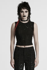 Black Sleeveless Strap Stitching Ripped Women's Punk Vest